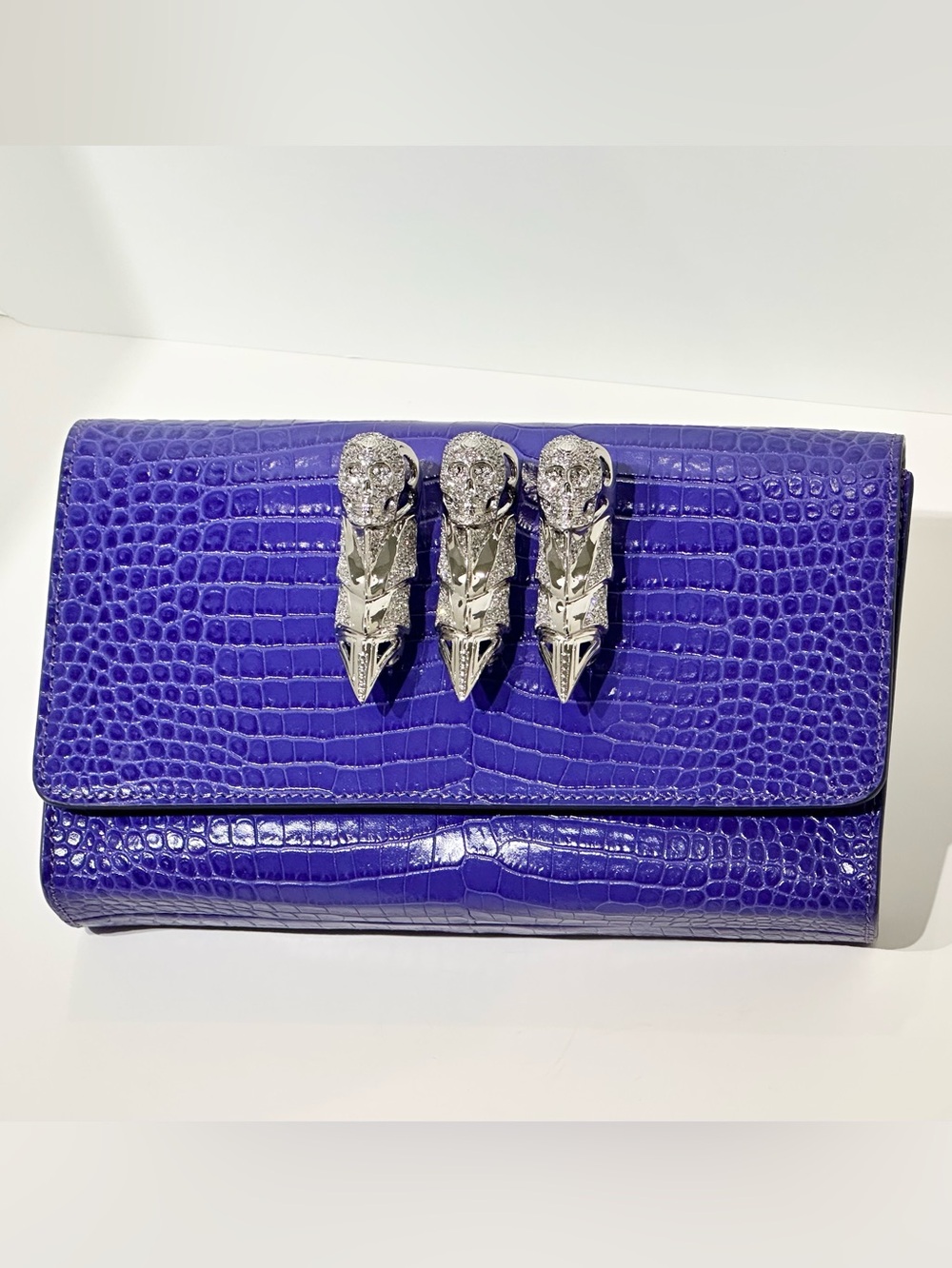 Philipp Plein Purple Croc-Embossed Clutch with Triple Silver Skull Accents